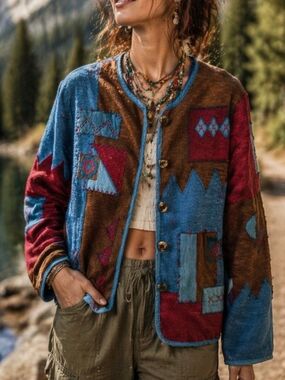 Vintage Patchwork Artsy Boho Jacket Retro Folk Quilted Button Front